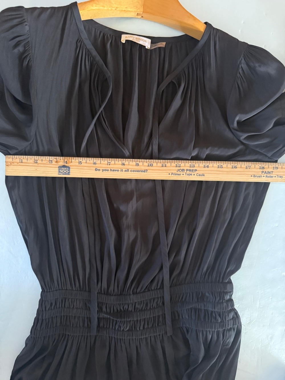 RAMY BROOK Black Dress Sz L Drop Waist Ruffle Hem Tie Neck Modern Elegance - Picture 10 of 16